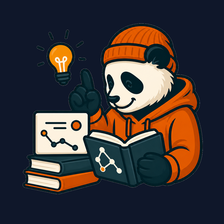 Vector Panda mascot, a panda in an orange hoodie and beanie, reading a book with a chart card and a stack of books beside it, lightbulb idea over its head, gazing toward the copy on the left