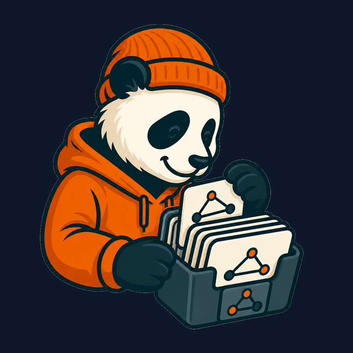 Vector Panda mascot, a panda in an orange hoodie and beanie, holding a card-catalog box of indexed posts