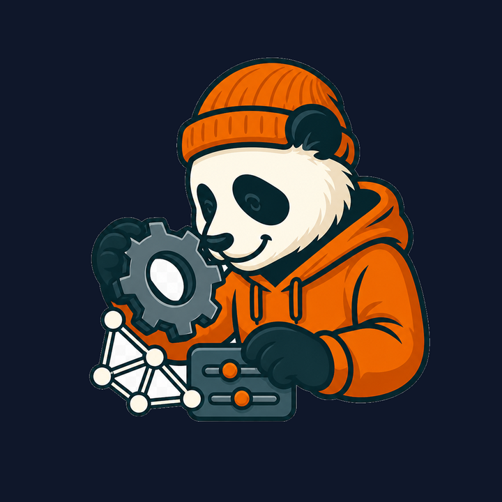 Vector Panda mascot, a panda in an orange hoodie and beanie, holding a gear and a small control panel wired to a node graph, gazing toward the page content on the left