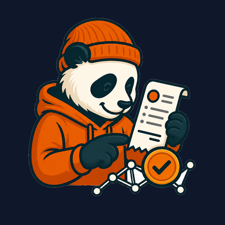 Vector Panda mascot, a panda in an orange hoodie and beanie, holding a receipt with a check-mark badge, friendly and ready to talk costs